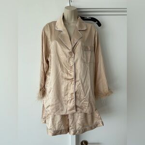 Silky Cream Women's Pajama Set with Feather Trim